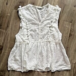 Vineyard Vines White Cotton Tassel Pom Pom Peasant Blouse Top Shirt‎ L